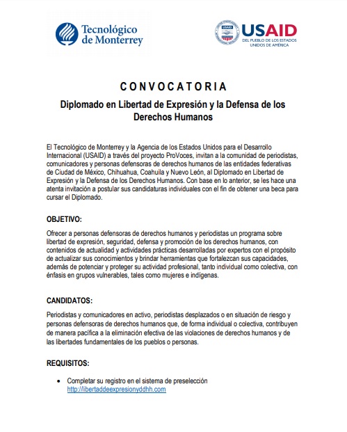 Convocatoria para Diplomado en Libertad de Expresión y la Defensa de los Derechos Humanos