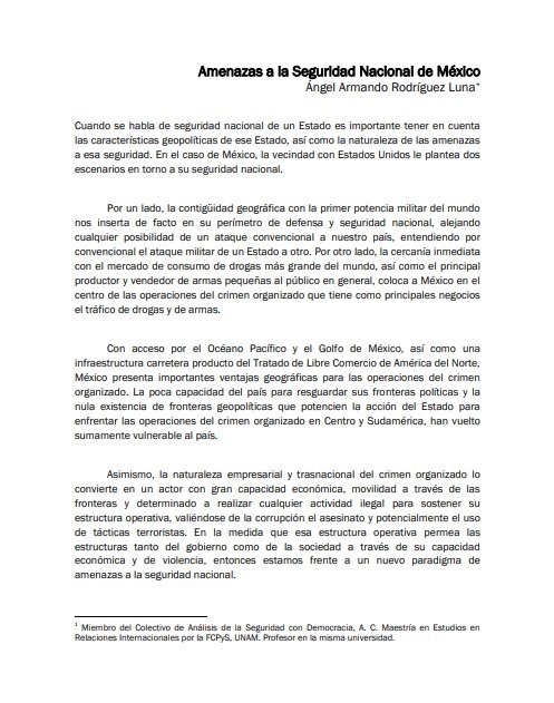 Perspectivas de la Seguridad 2009 - Amenazas a la Seguridad Nacional de México