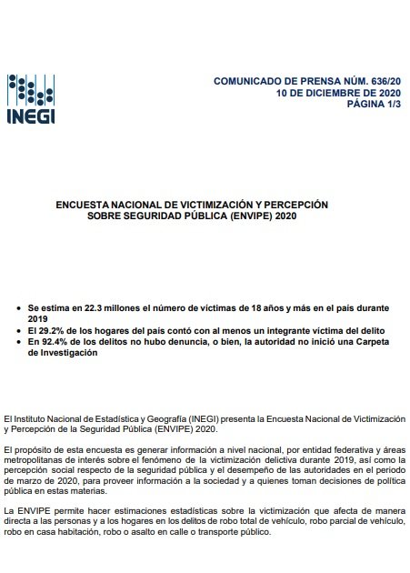 Encuesta nacional de victimización y percepción sobre seguridad pública (ENVIPE) 2020