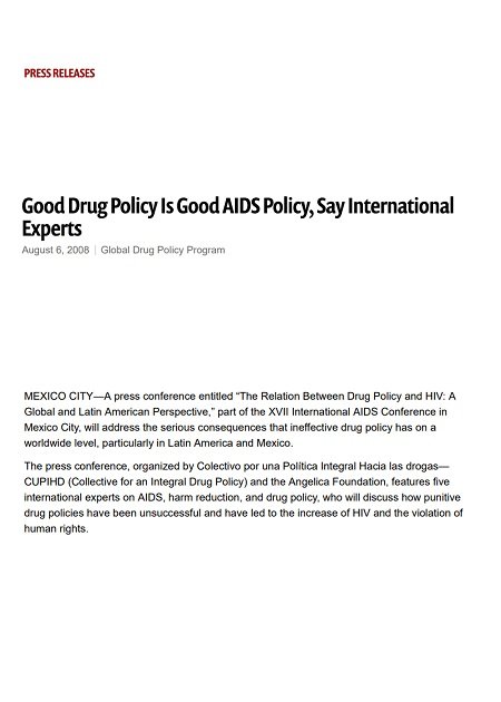 Good Drug Policy Is Good AIDS Policy, Say International Experts