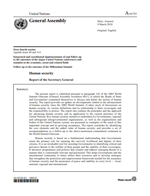 Informe del Secretario General de Naciones Unidas sobre Seguridad Humana