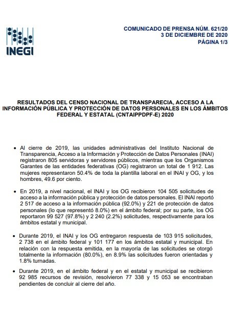 Resultados del censo nacional de transparencia, acceso a la información pública y protección de datos personales en los ámbitos federal y estatal (CNTAIPPDPF-E) 2020