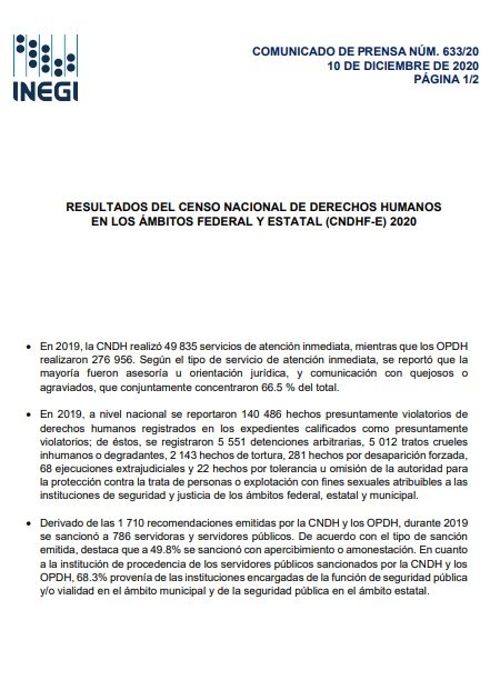 Resultados del censo nacional de derechos humanos en los ámbitos federal y estatal (CNDHF-E) 2020