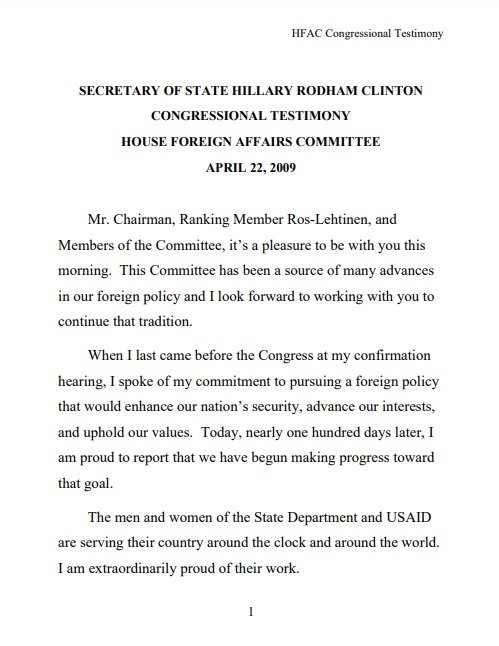 Secretary of Stat Hillary Rodham Clinton Congressional Testimony House Foreign Affairs Committee